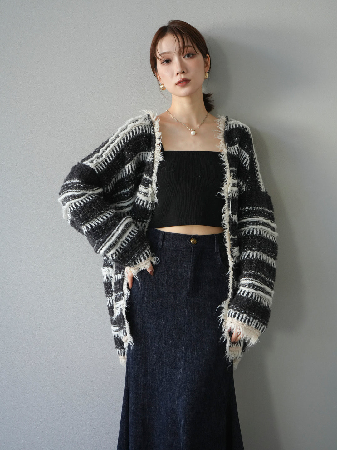 [予約]ミックスフリンジオーバーニットカーディガン/black