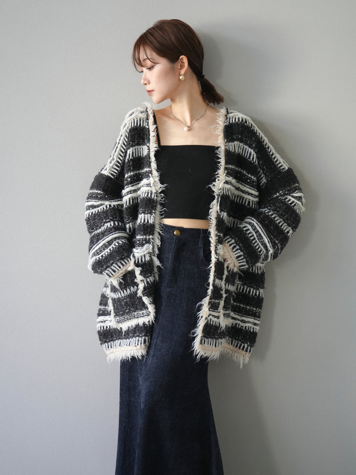 [予約]ミックスフリンジオーバーニットカーディガン/black