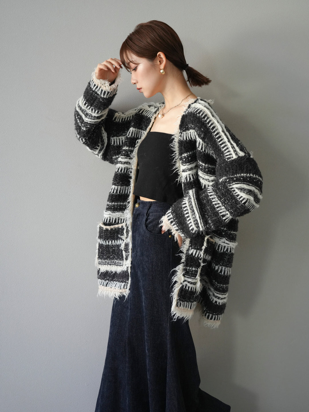[予約]ミックスフリンジオーバーニットカーディガン/black
