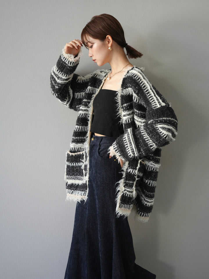 [予約]ミックスフリンジオーバーニットカーディガン/black