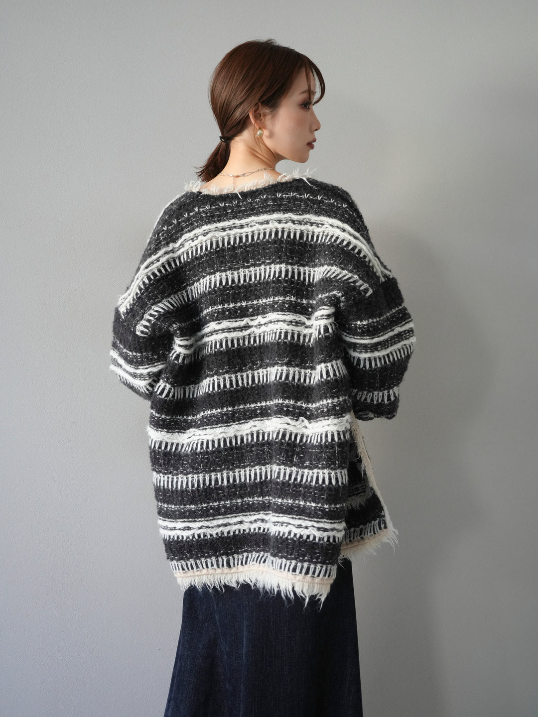 [予約]ミックスフリンジオーバーニットカーディガン/black