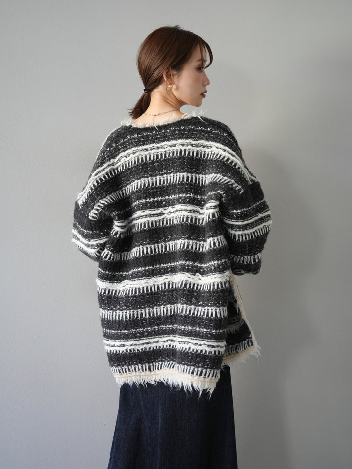 [予約]ミックスフリンジオーバーニットカーディガン/black