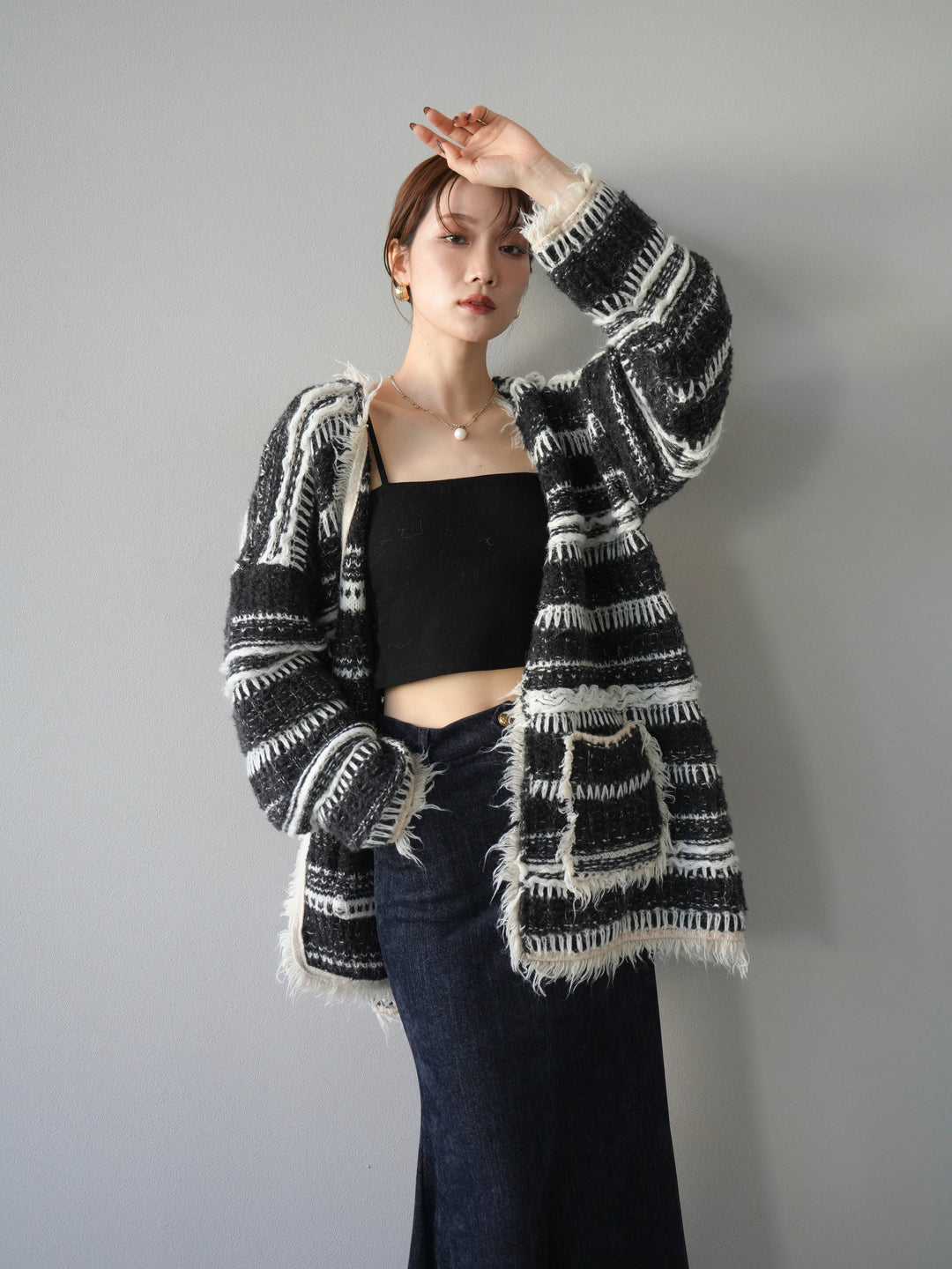 [予約]ミックスフリンジオーバーニットカーディガン/black