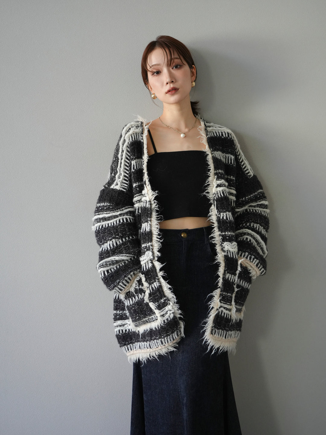 [予約]ミックスフリンジオーバーニットカーディガン/black