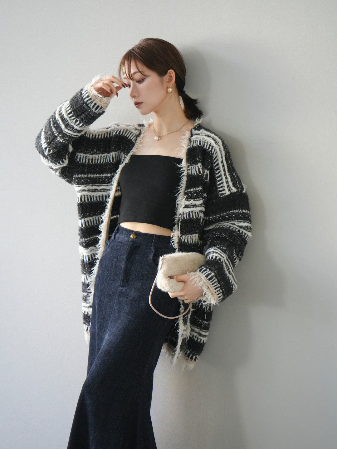 [予約]ミックスフリンジオーバーニットカーディガン/black