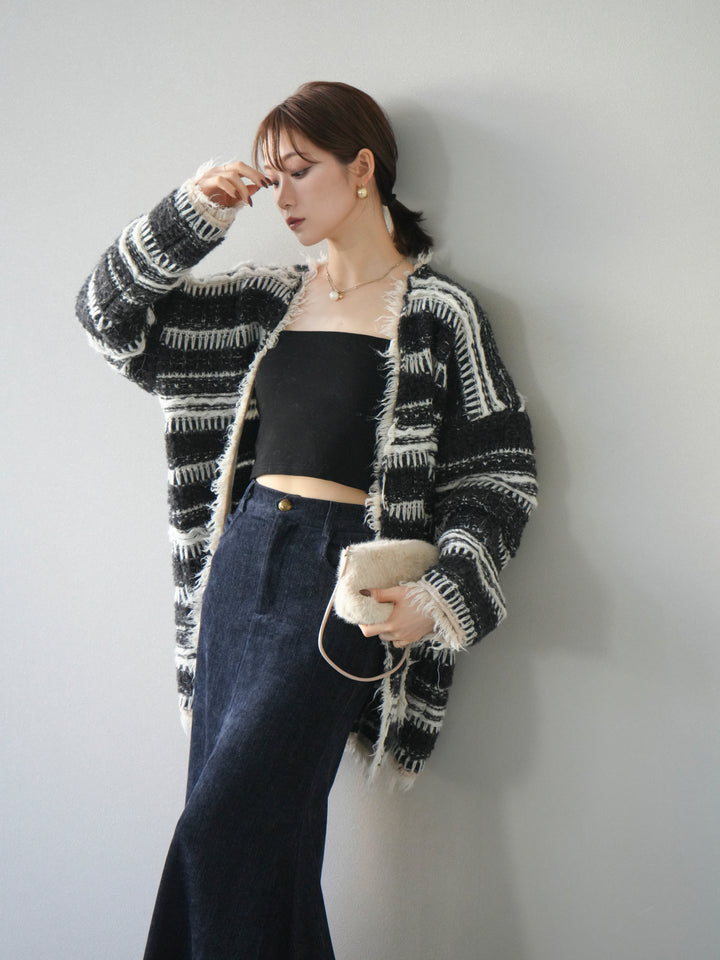 [予約]ミックスフリンジオーバーニットカーディガン/black