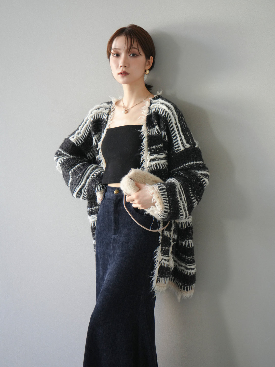 [予約]ミックスフリンジオーバーニットカーディガン/black