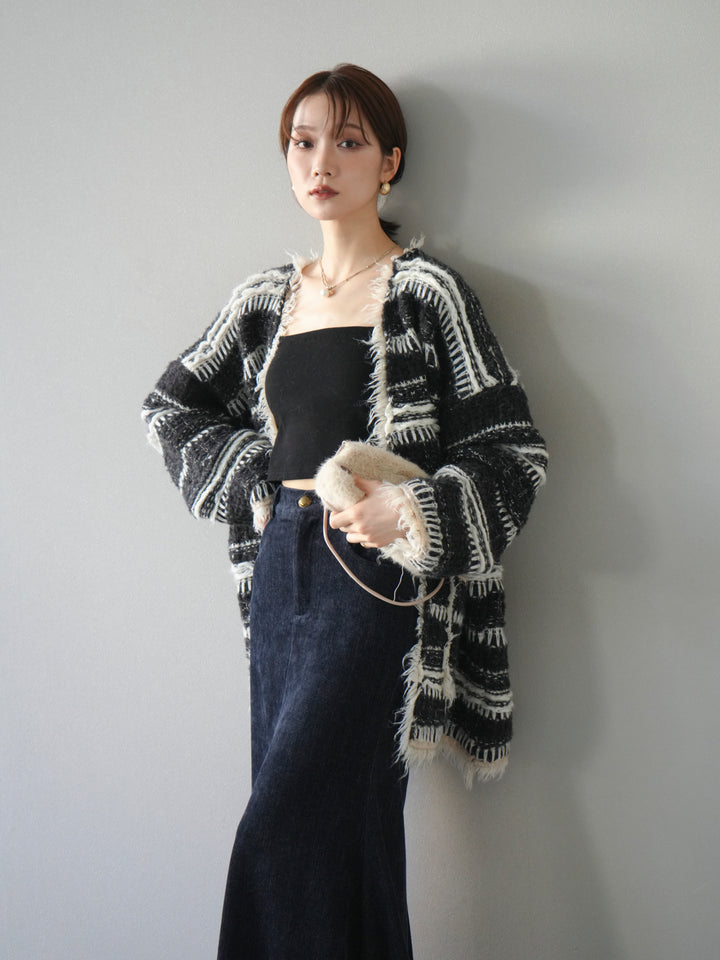 [予約]ミックスフリンジオーバーニットカーディガン/black