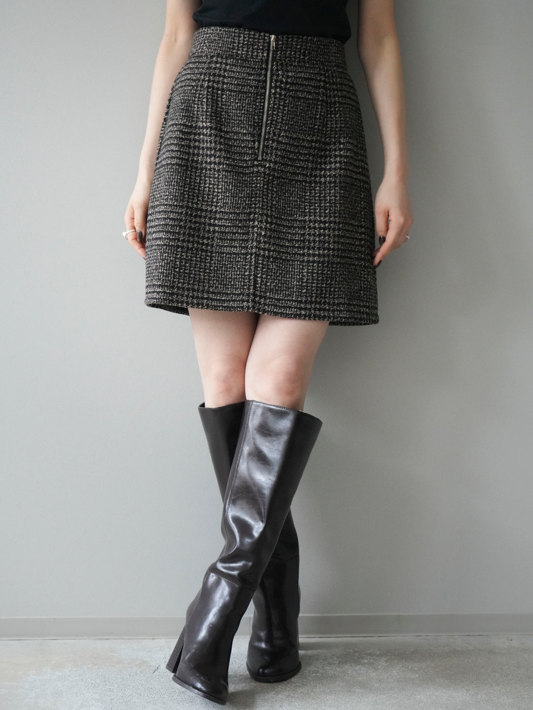 [予約]フロントZIPアソート柄ミニスカート/brown