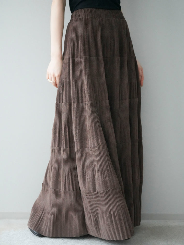 [予約]型押しスエードティアードプリーツスカート/brown