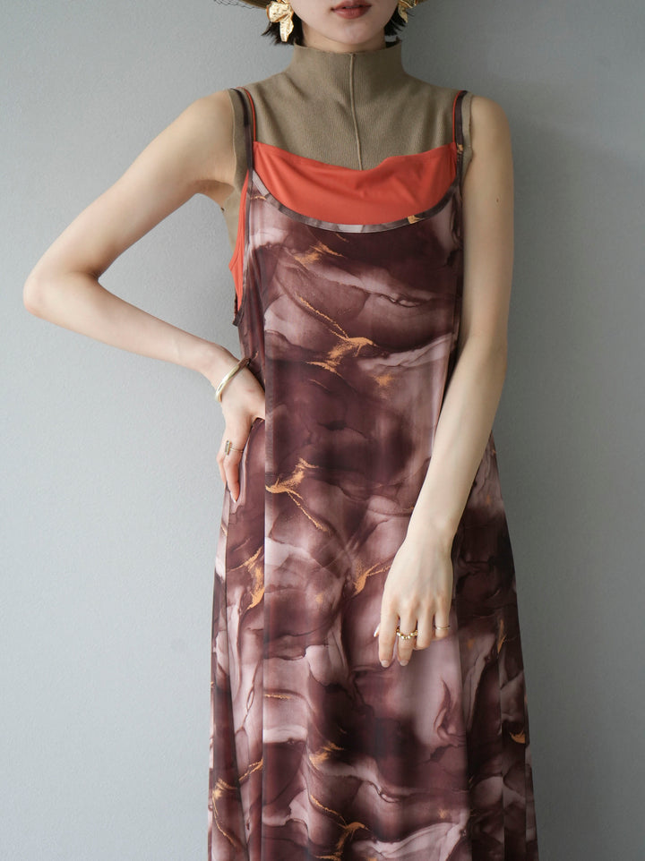 [Pre-order] Nuanced pattern tulle layered cami dress/brown