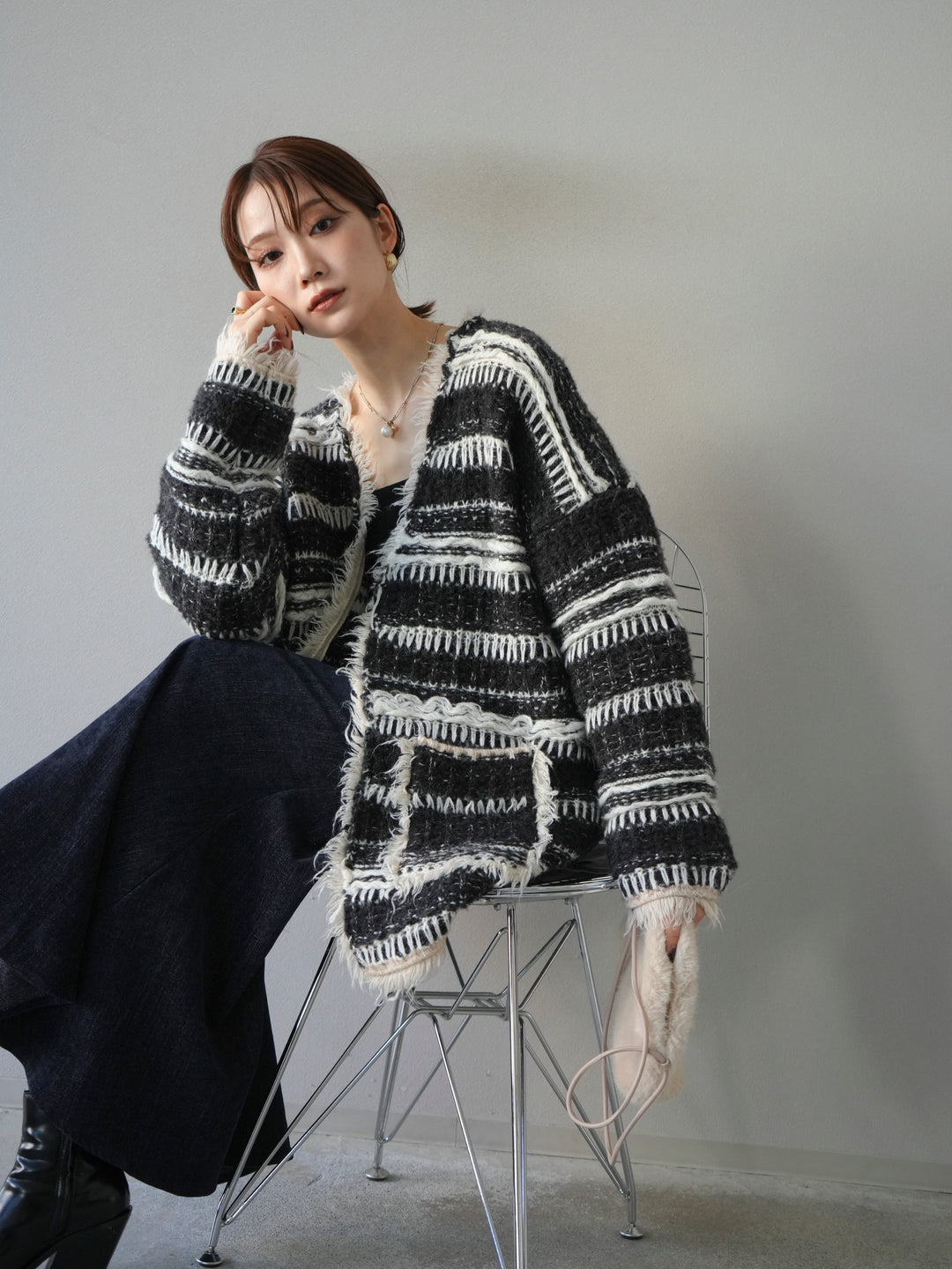 [予約]ミックスフリンジオーバーニットカーディガン/black