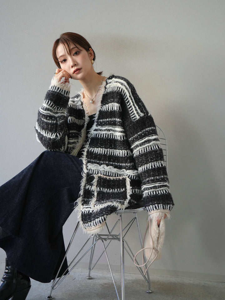[予約]ミックスフリンジオーバーニットカーディガン/black