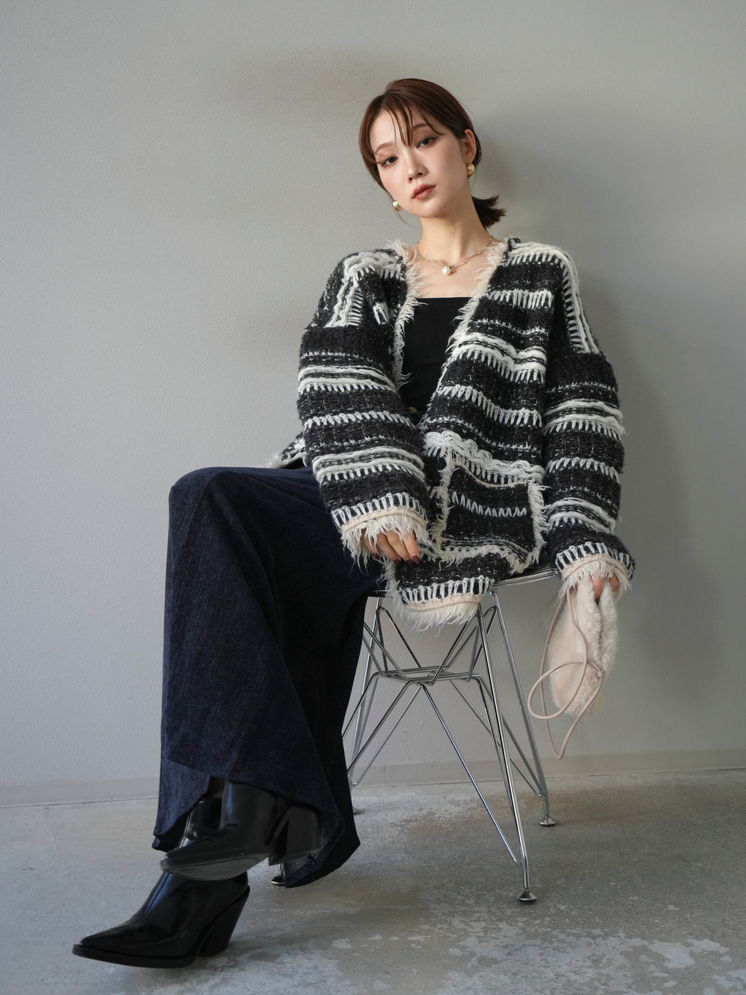 [予約]ミックスフリンジオーバーニットカーディガン/black