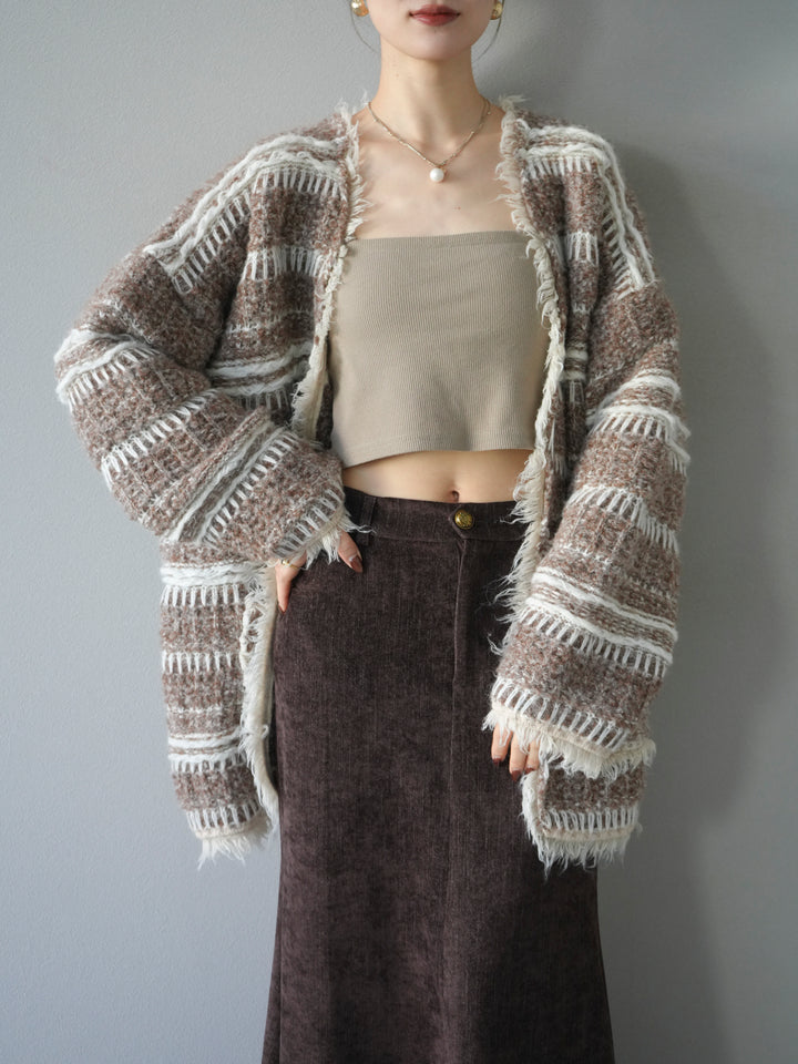 [予約]ミックスフリンジオーバーニットカーディガン/brown