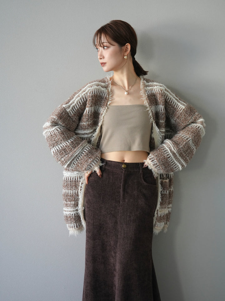 [予約]ミックスフリンジオーバーニットカーディガン/brown