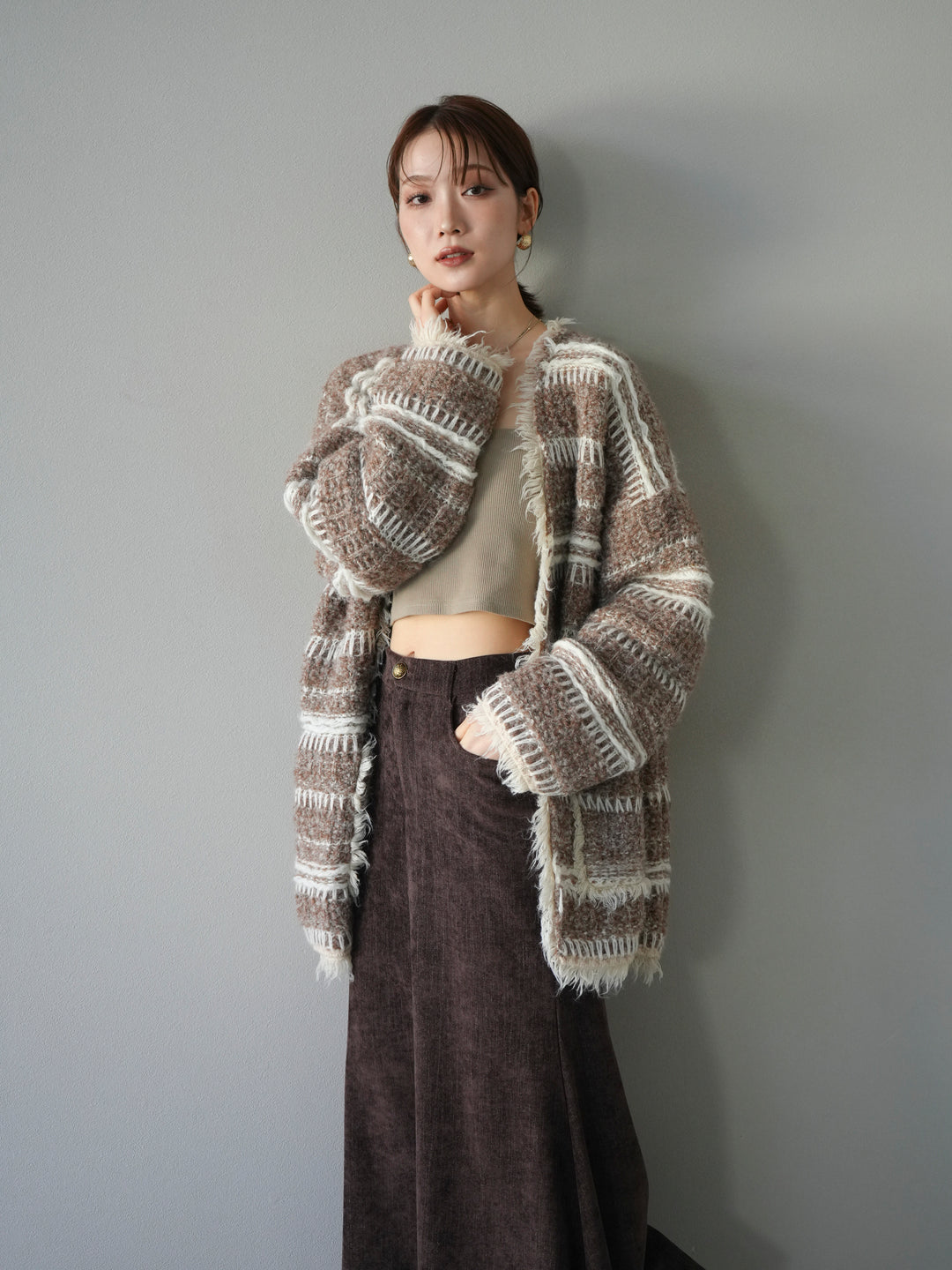 [予約]ミックスフリンジオーバーニットカーディガン/brown