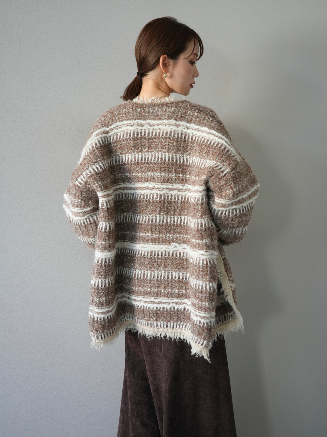[予約]ミックスフリンジオーバーニットカーディガン/brown