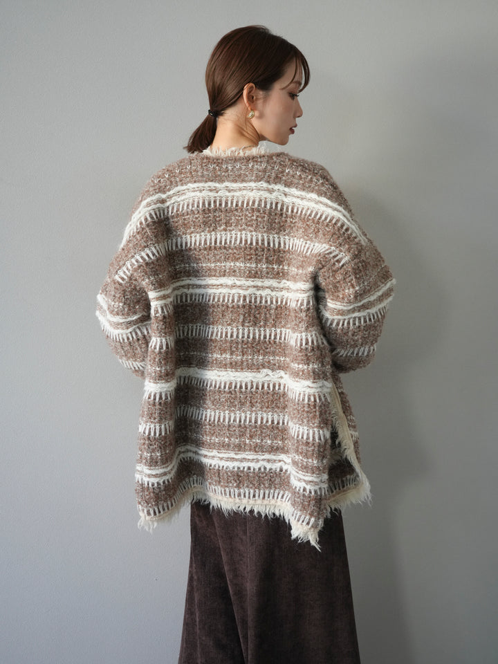 [予約]ミックスフリンジオーバーニットカーディガン/brown