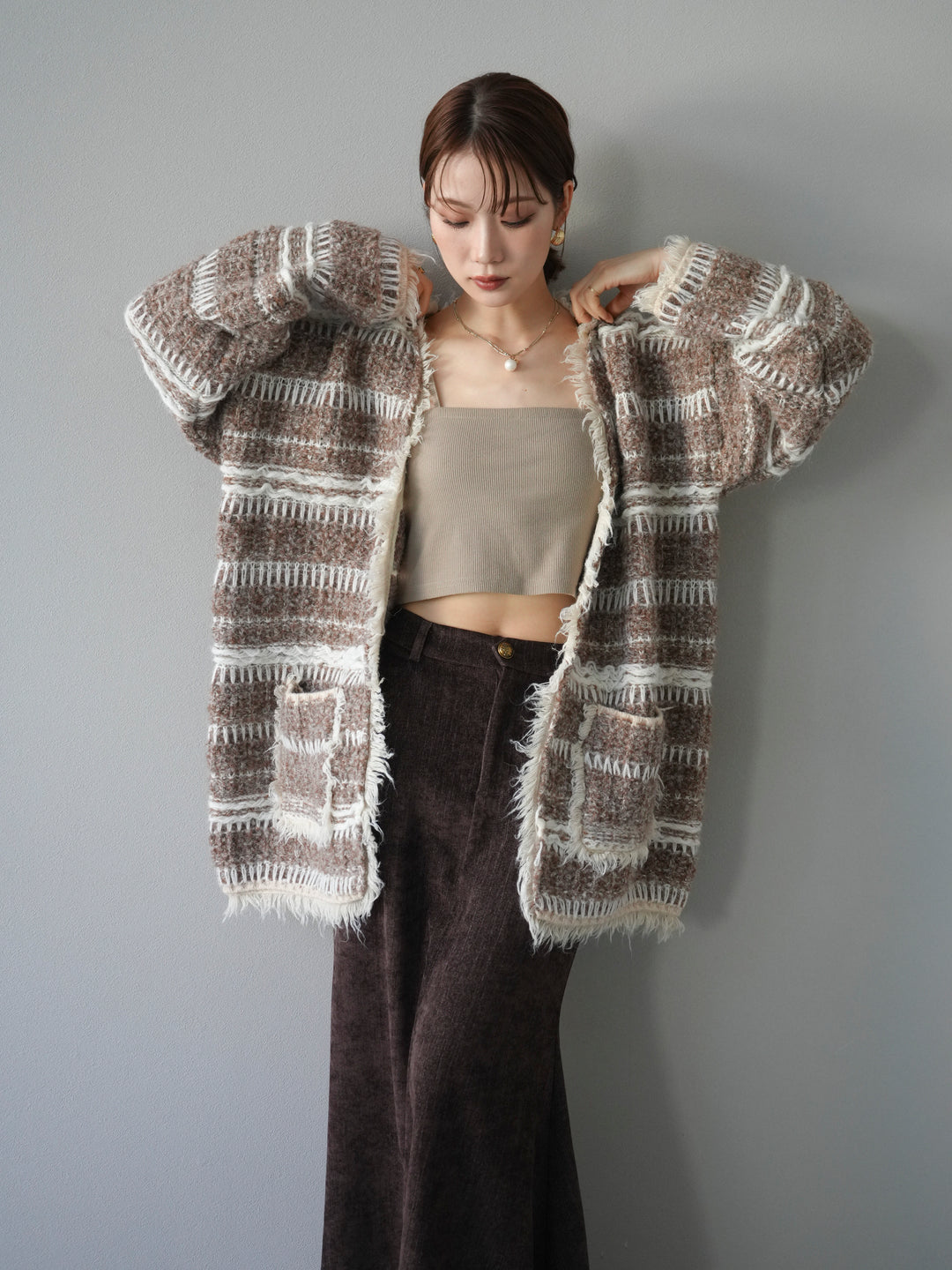 [予約]ミックスフリンジオーバーニットカーディガン/brown