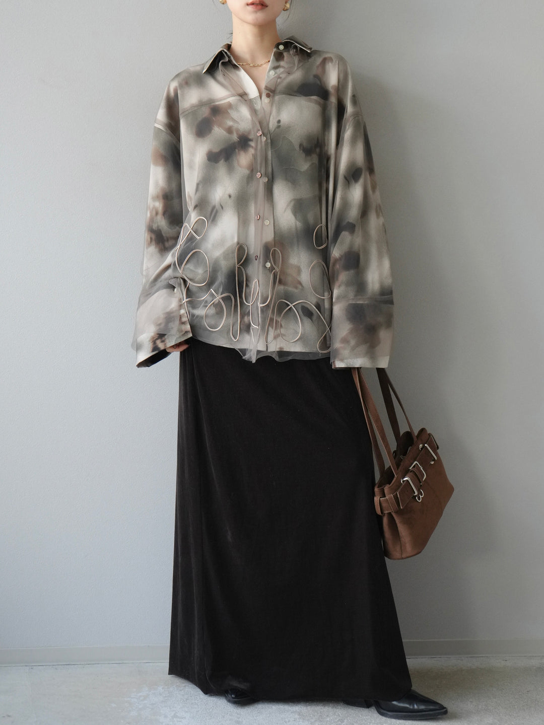 [SET]コード刺繍チュールシャツ＆ニュアンス柄シャツアンサンブル+ベロアナロースカート(2set)