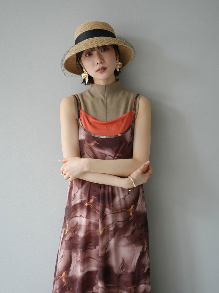 [Pre-order] Nuanced pattern tulle layered cami dress/brown