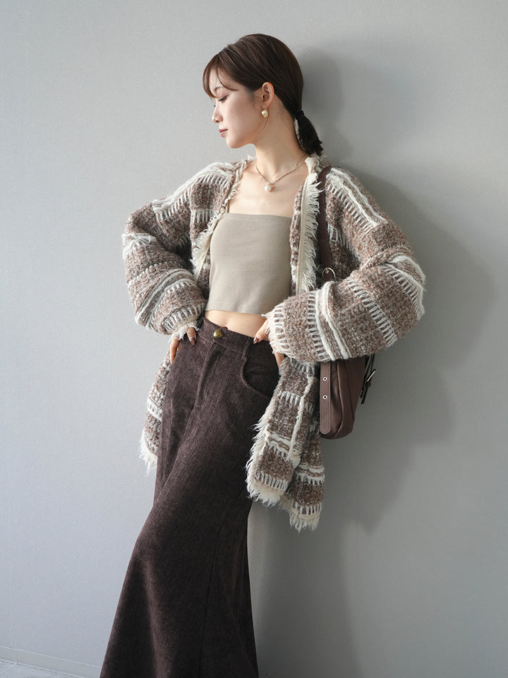 [予約]ミックスフリンジオーバーニットカーディガン/brown