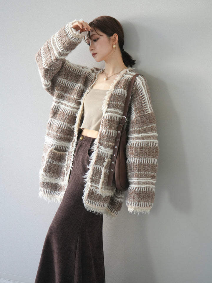 [予約]ミックスフリンジオーバーニットカーディガン/brown