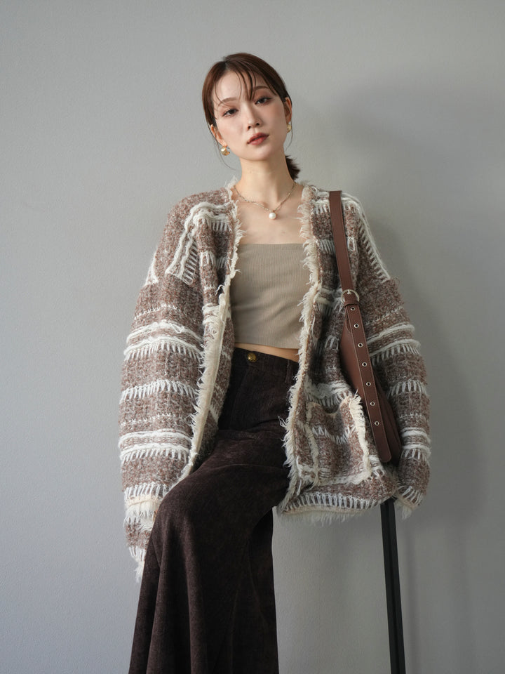 [予約]ミックスフリンジオーバーニットカーディガン/brown