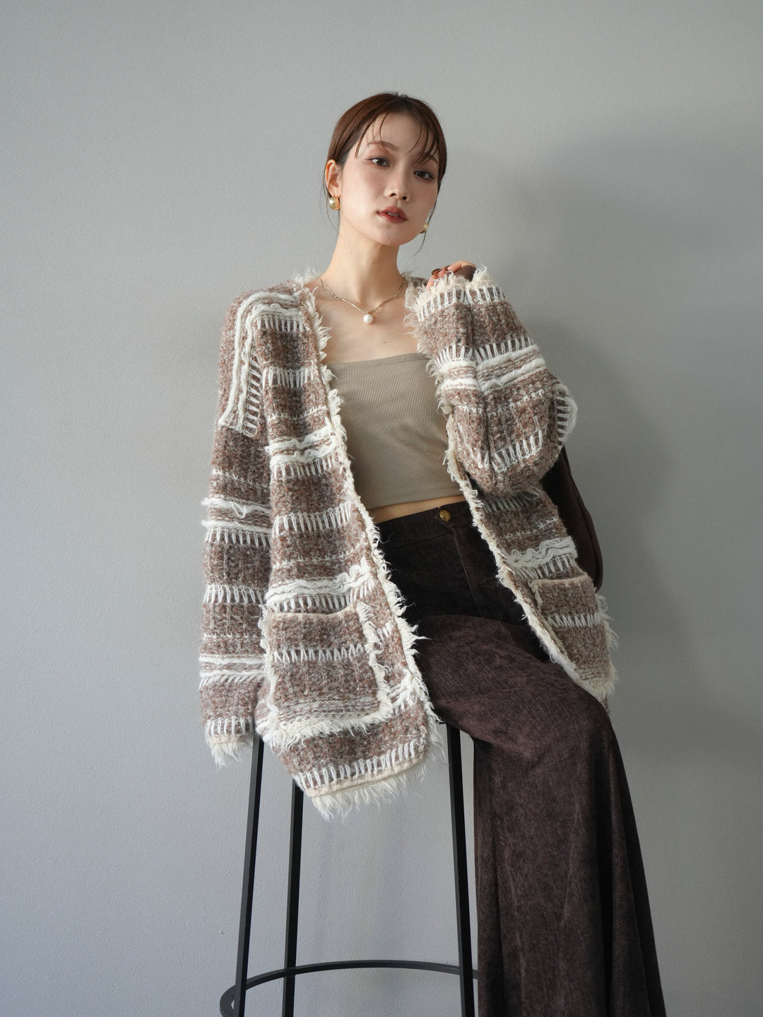 [予約]ミックスフリンジオーバーニットカーディガン/brown