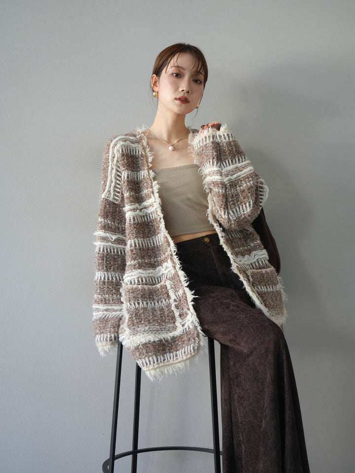 [予約]ミックスフリンジオーバーニットカーディガン/brown
