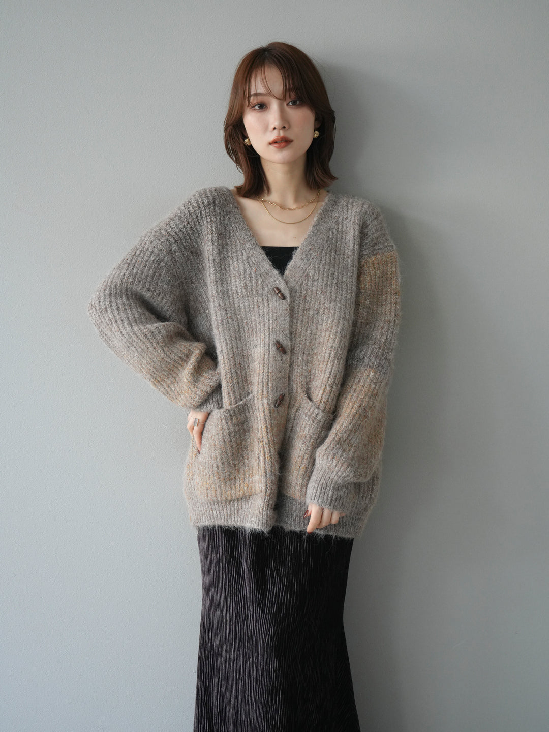 [予約]トグルボタン畦編みオーバニットカーディガン/brown