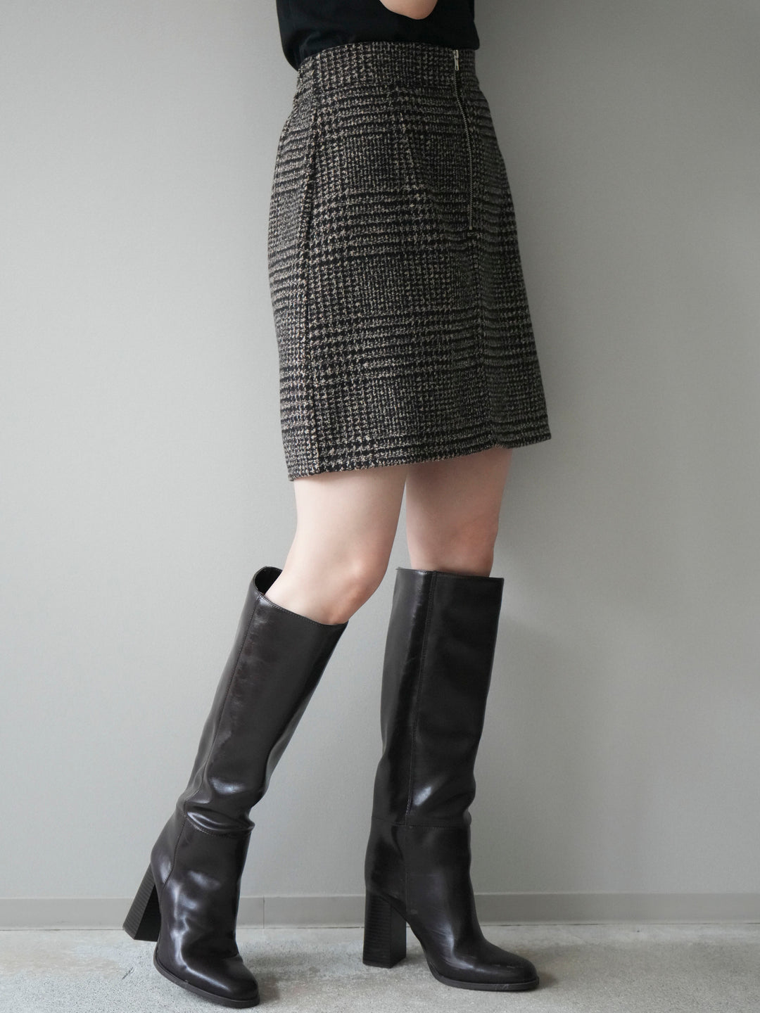 [予約]フロントZIPアソート柄ミニスカート/brown