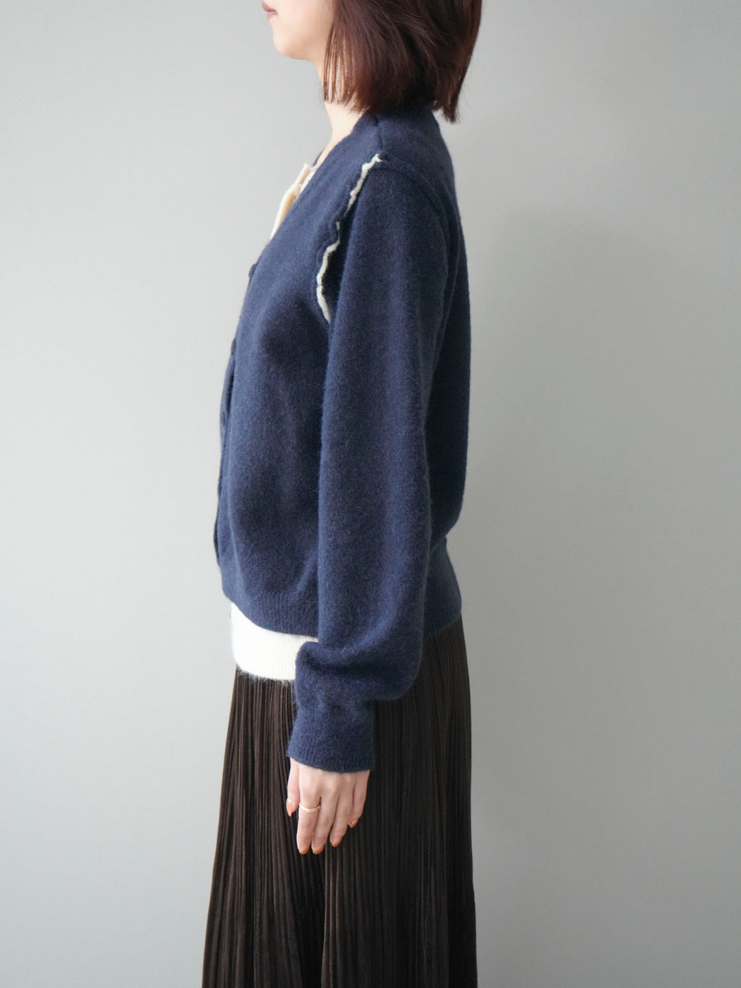 [予約]配色レイヤードニットカーディガン/navy