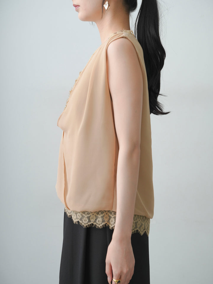 [予約]レースレイヤードカシュクールノースリブラウス/beige