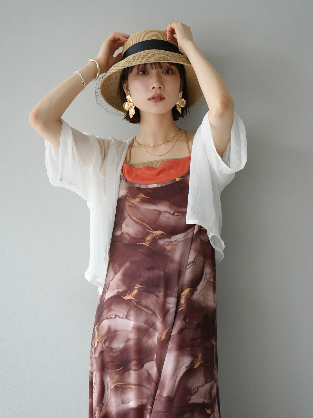 [Pre-order] Nuanced pattern tulle layered cami dress/brown