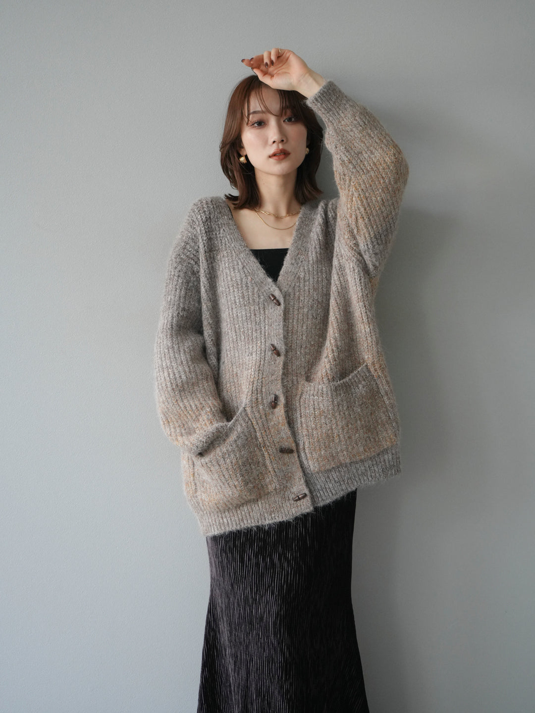 [予約]トグルボタン畦編みオーバニットカーディガン/brown