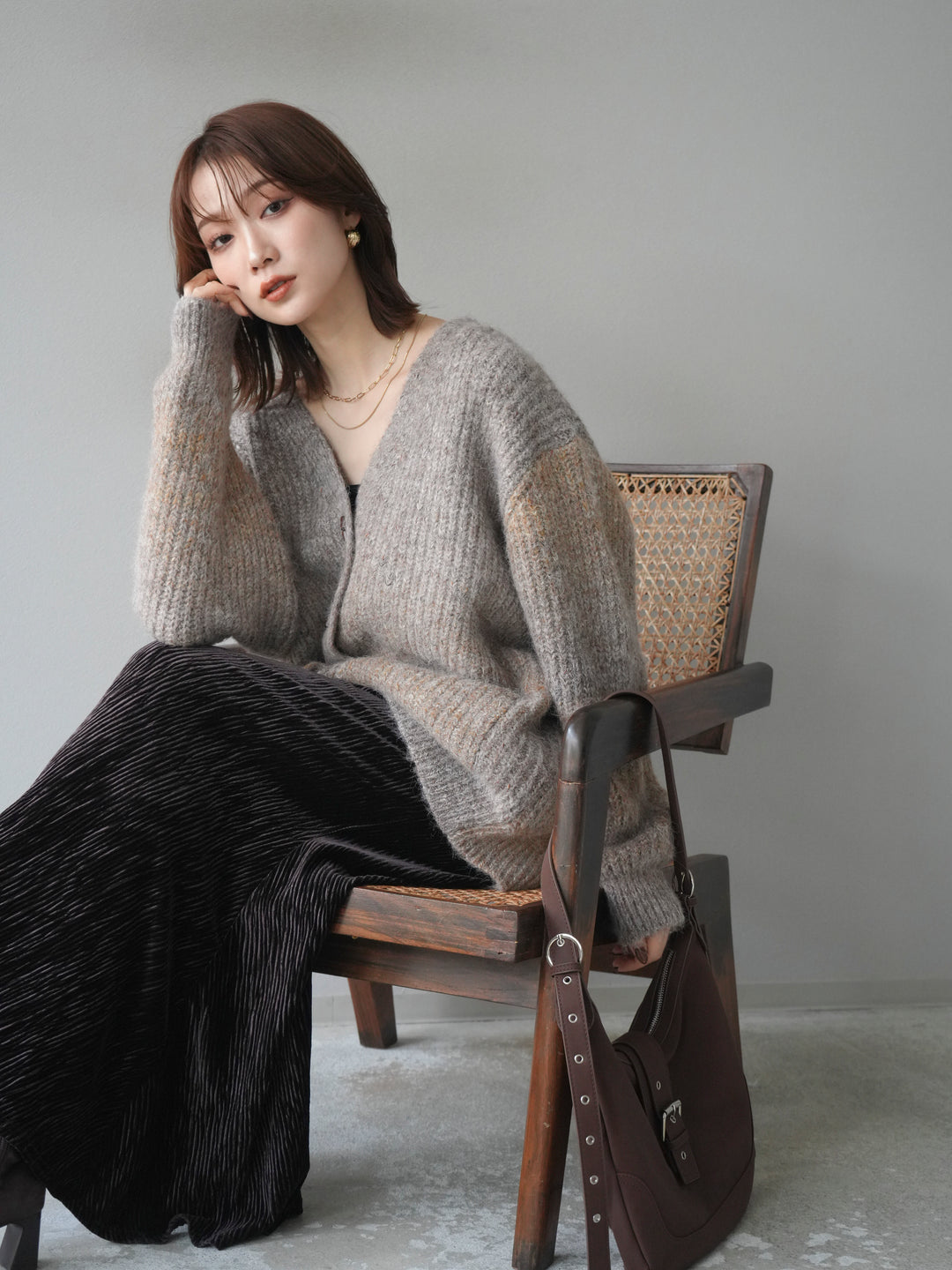 [予約]トグルボタン畦編みオーバニットカーディガン/brown