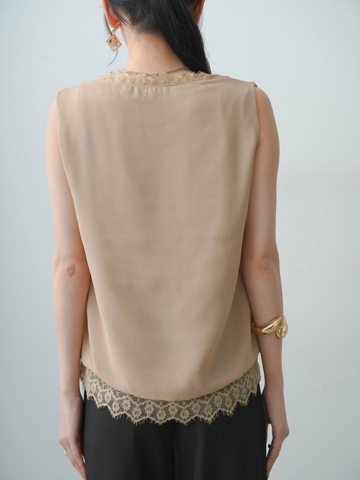 [予約]レースレイヤードカシュクールノースリブラウス/beige