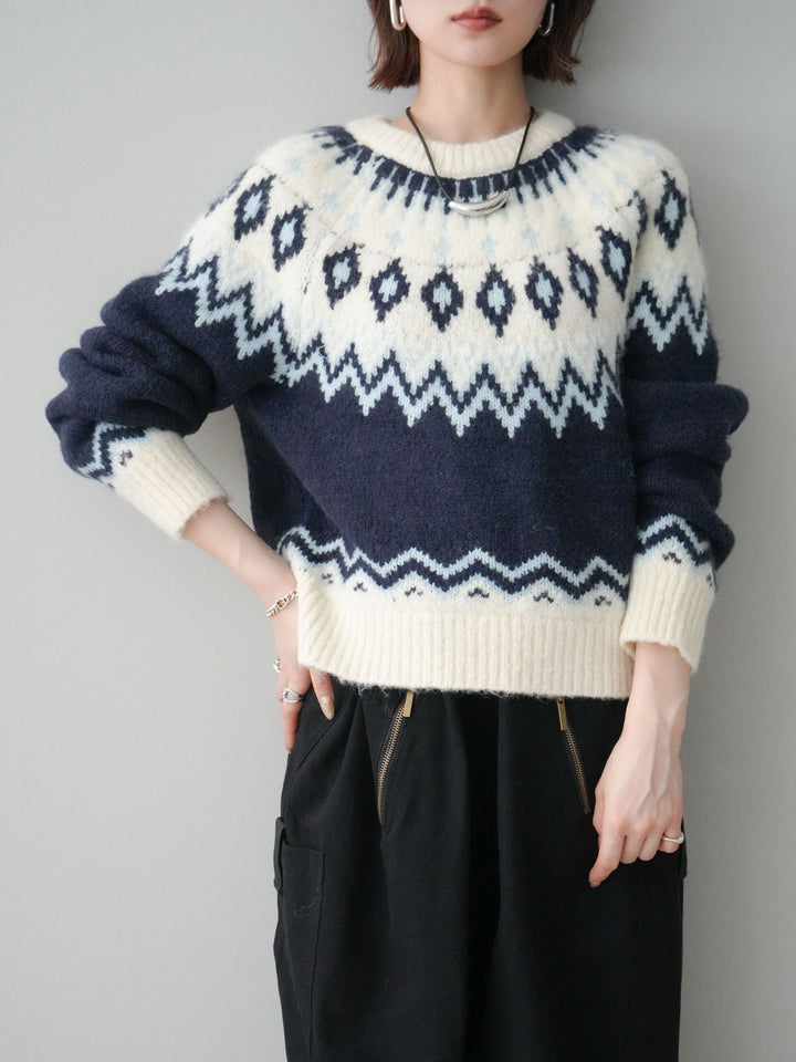 [予約]ノルディック柄ニットプルオーバー/navy