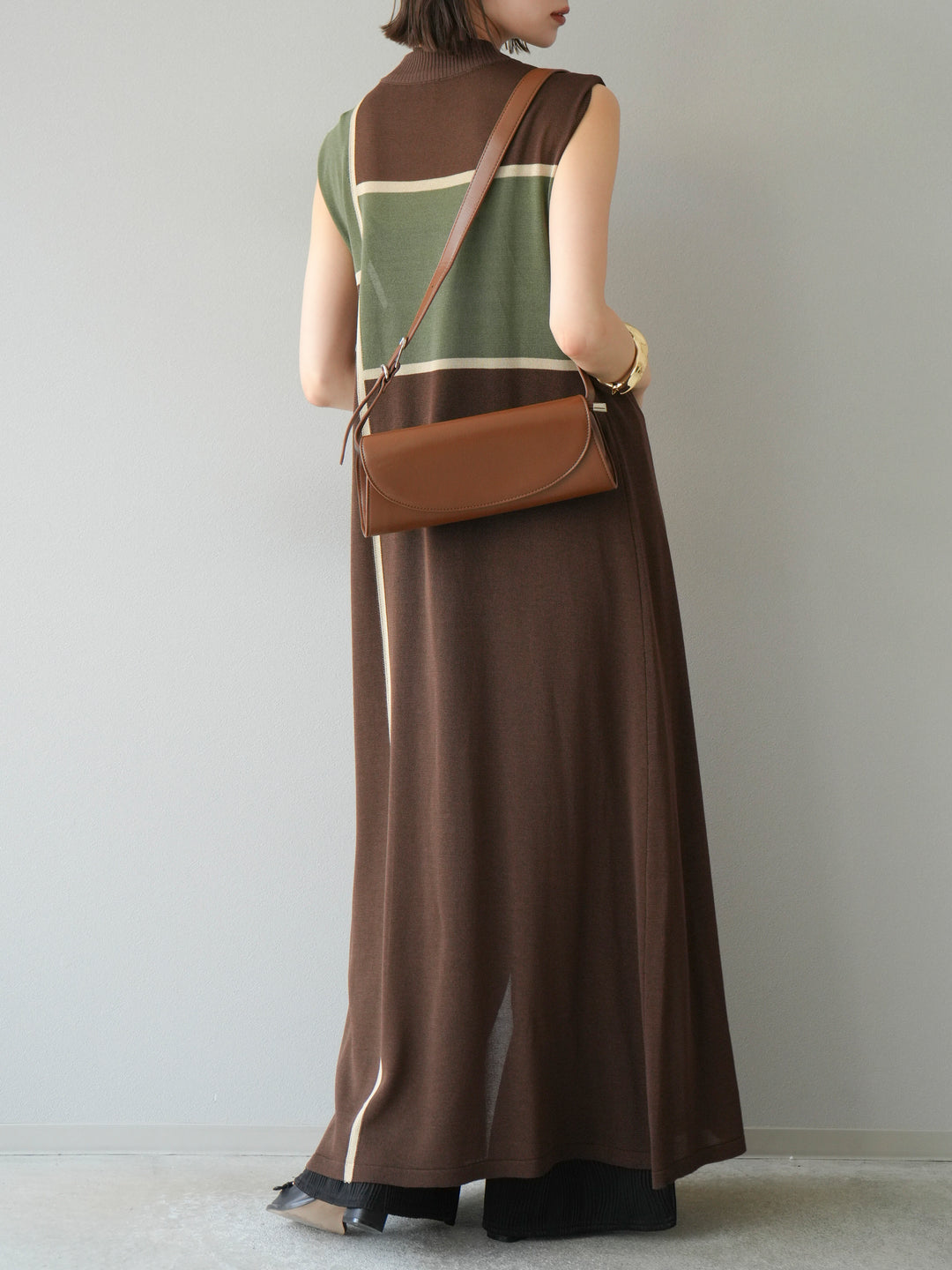 [SET] 配色開衩針織洋裝 + 波浪滾邊休閒褲 (2件套)