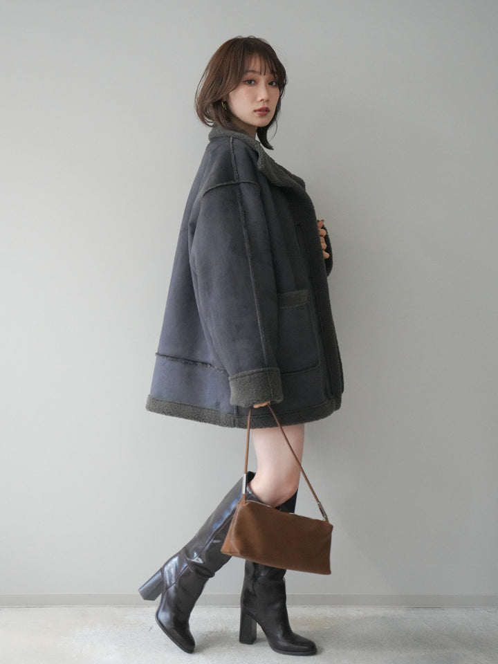 [SET]ポロニットプルオーバー＆ショートパンツSET UP+スタンドネックフェイクムートンミディアムコート(2set)