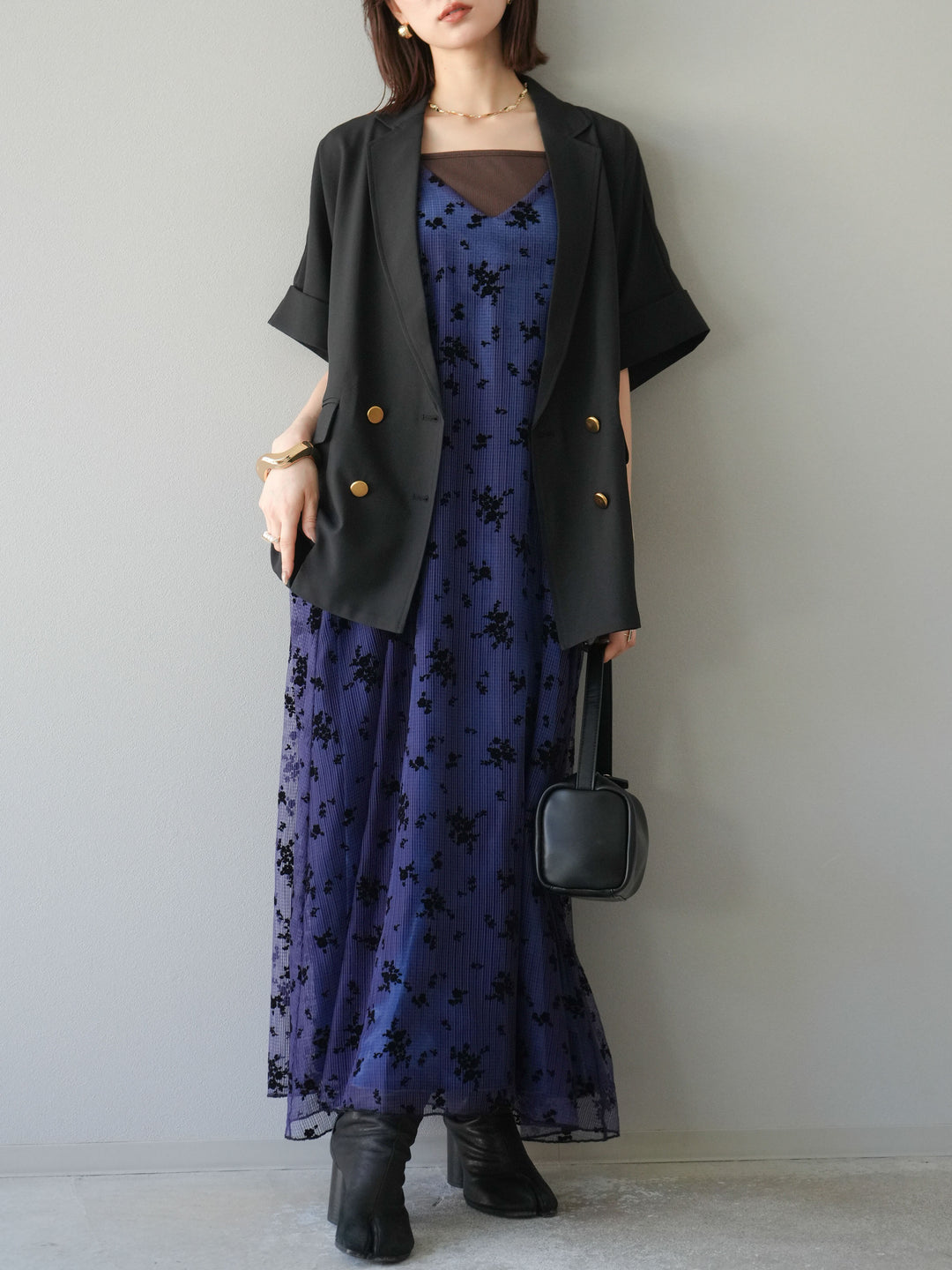 [套裝] 植絨薄紗層疊天鵝絨吊帶連身裙 + 金色紐帶半夾克 (2 套)