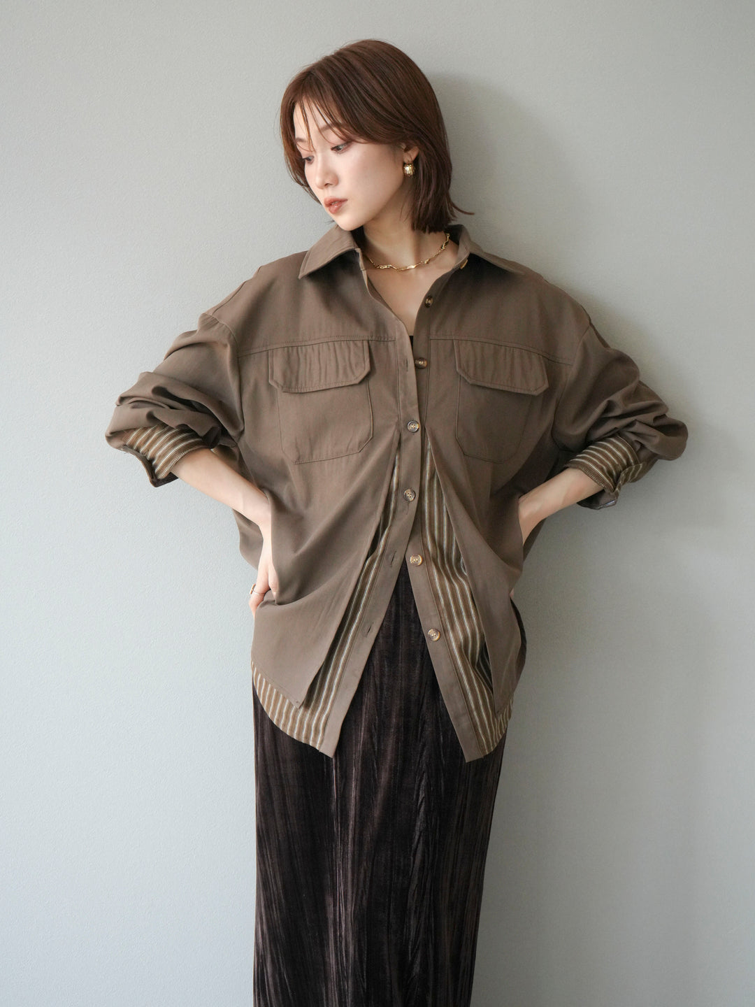 [予約]ストライプレイヤードシャツ/ブラウン