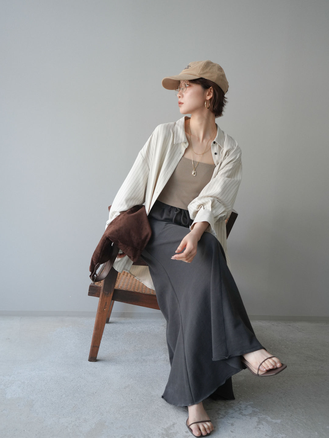 [SET]2WAYカシュクールストライプブラウス+スウェットフレアロングスカート(2set)