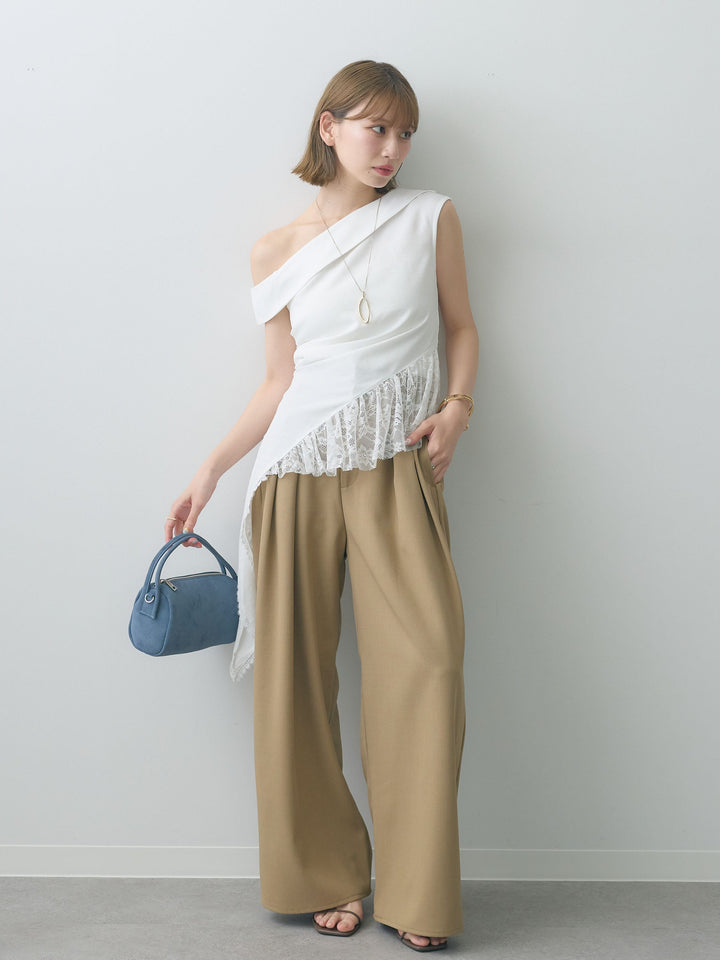 [SET]アシンメトリーラッフルレースヘムトップス+クレープデシンタックワイドパンツ(2set)
