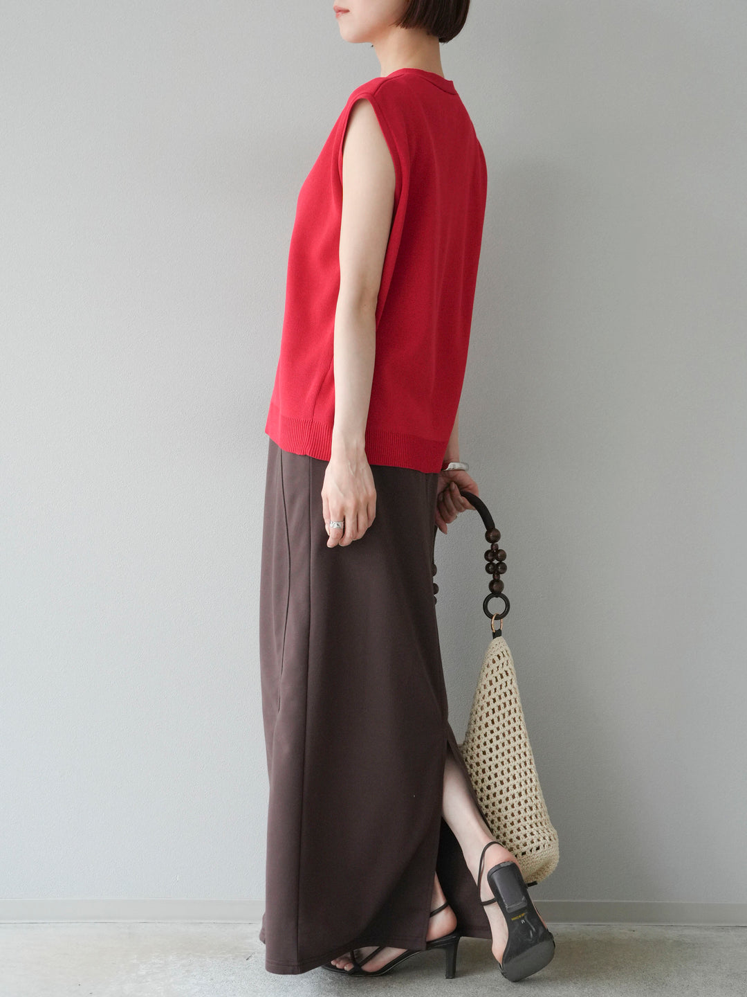 [SET]Vネックレーヨンニットベスト+スウェットロングスカート(2set)