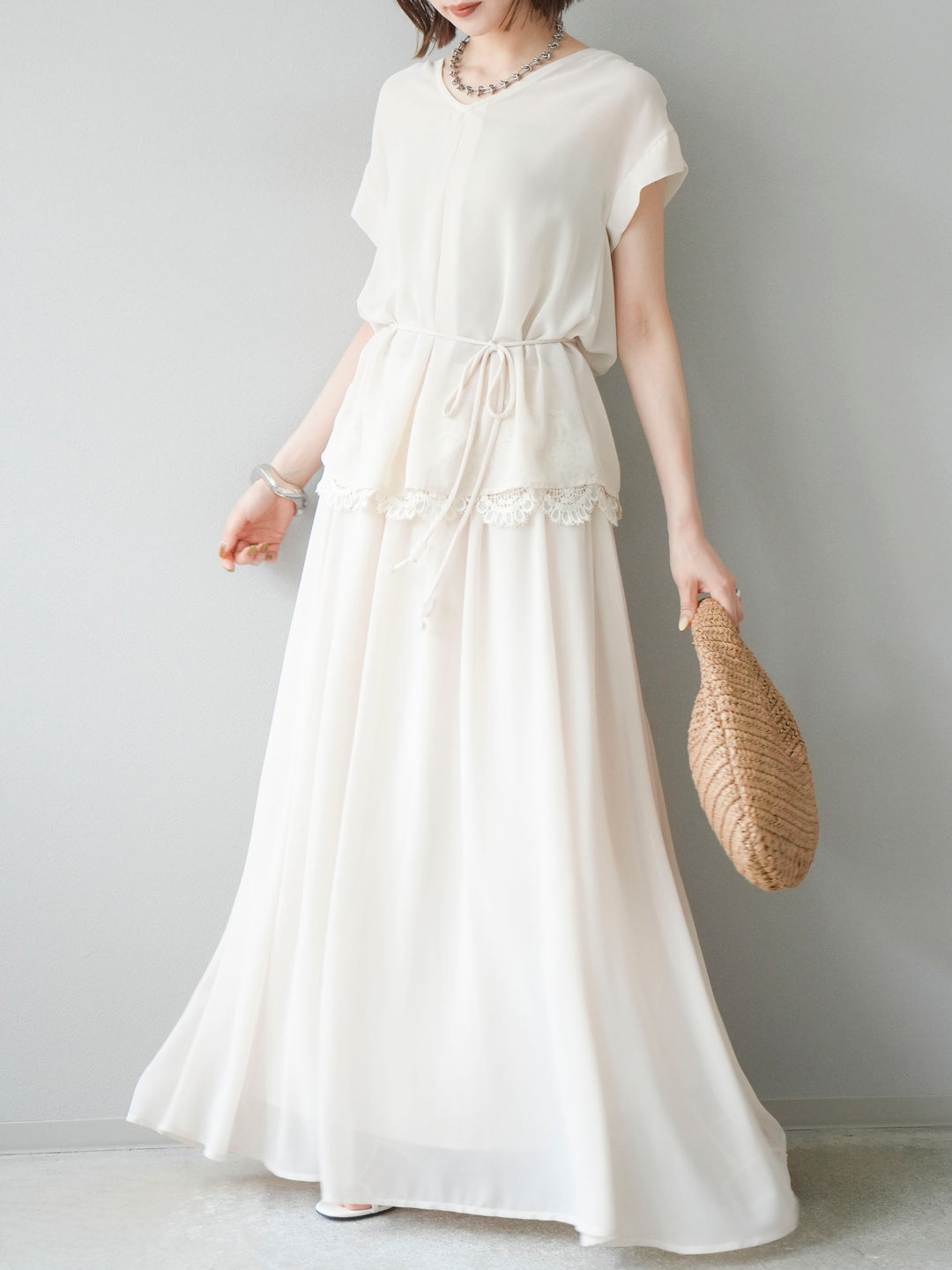 [SET]シフォンブラウス＆レースデザインフレアスカートSET UP(2set)