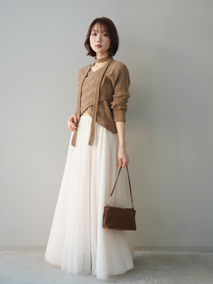 [SET]ケーブル編みクロスニットトップス+チュールボリュームスカート(2set)