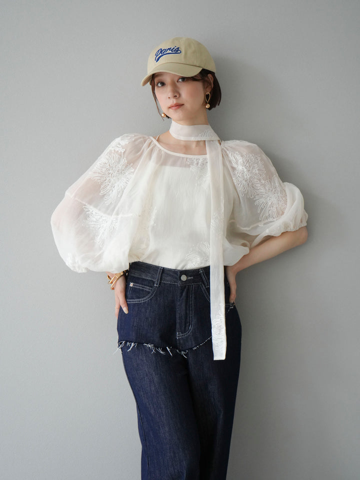 [SET]刺繍シアーバルーンスリーブブラウス+ヒップデザインデニムパンツ(2set)